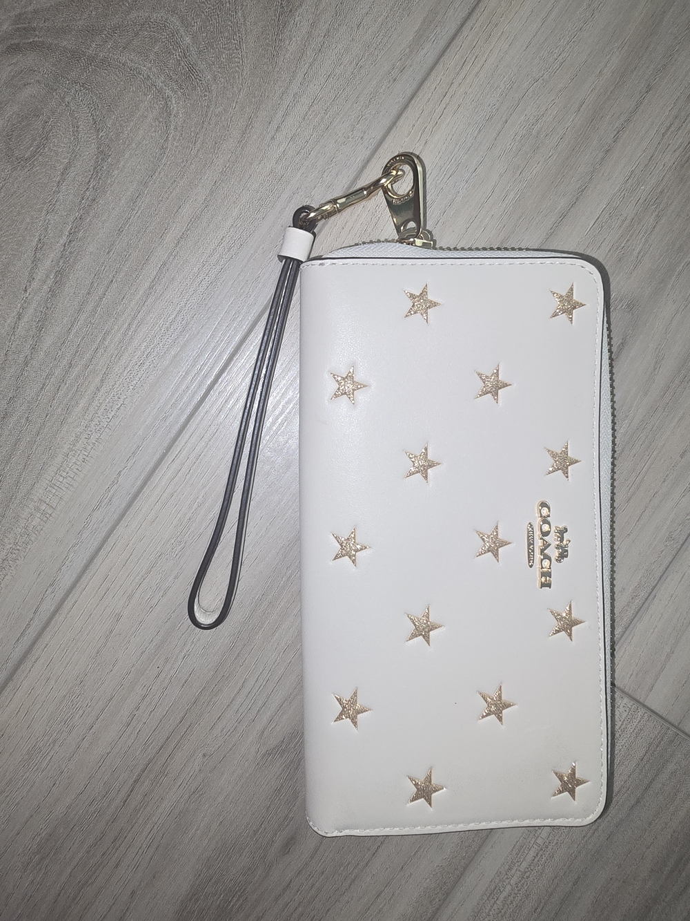 Coach White Wristlet Wallet with Gold Star Accents